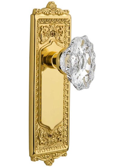 Egg and Dart Design Door Set with Chateau Crystal Glass Knobs in Polished Brass.